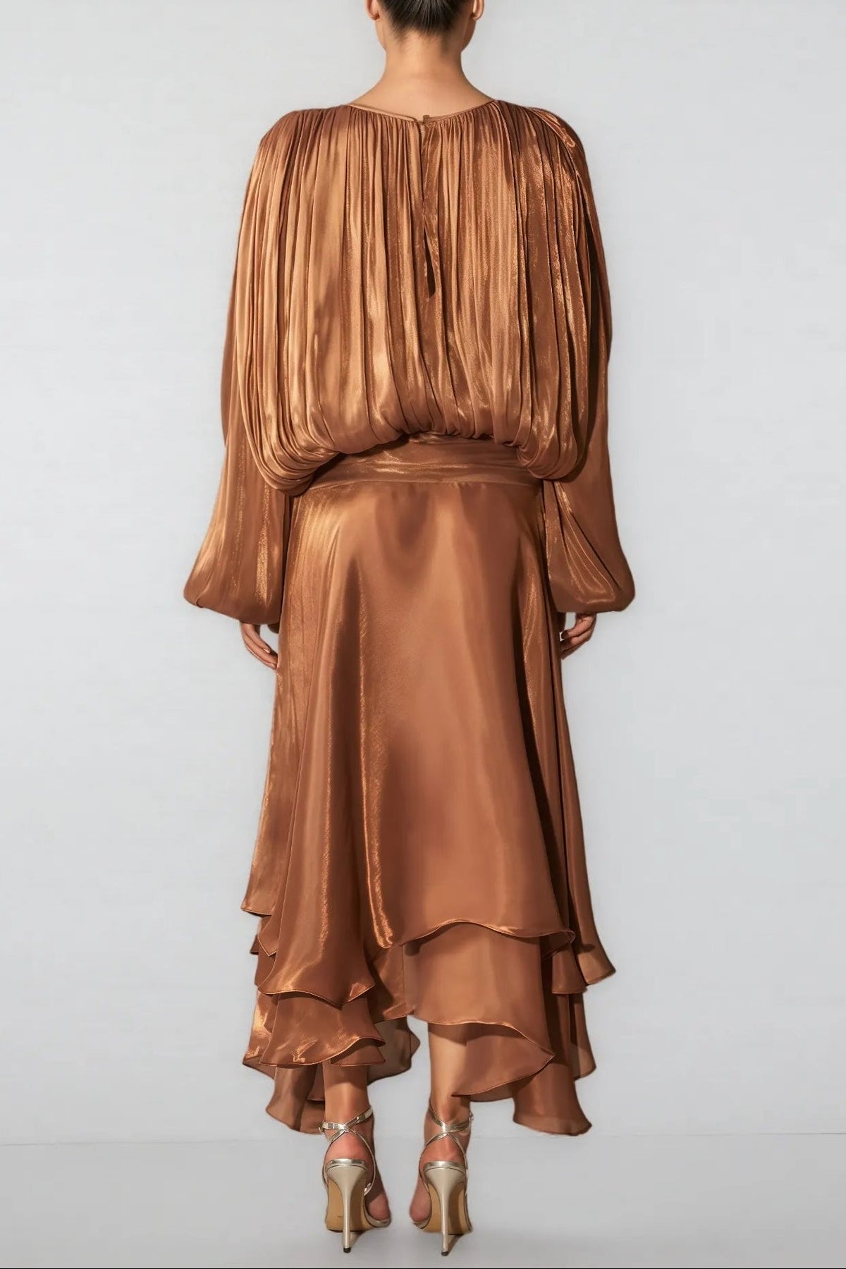 Brown Pleated Bodice Draped Puff Sleeve Maxi Dress Flowering Girl