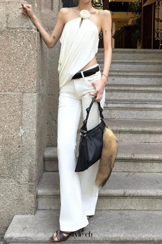 Satin Cowl Neck Halter Top In White Flowering Girl