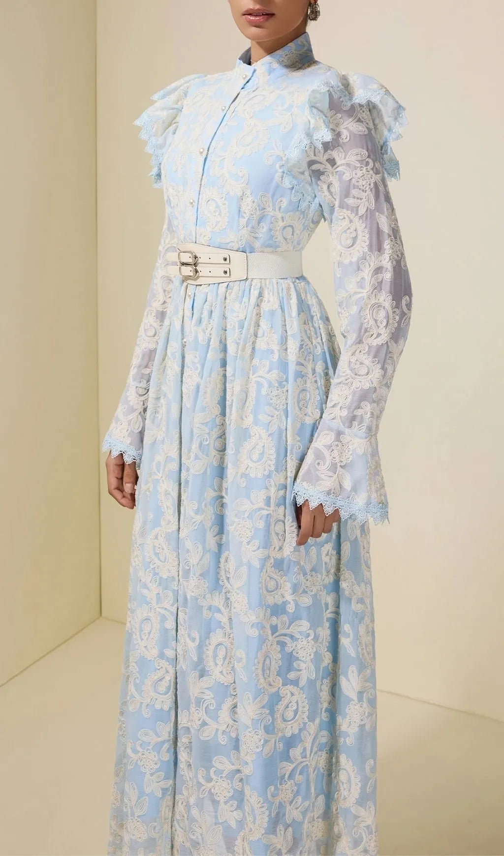 Alma Chiffon Embroidered Single Breasted Midi Dress With Belt - Blue Flowering Girl