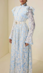 Alma Chiffon Embroidered Single Breasted Midi Dress With Belt - Blue Flowering Girl
