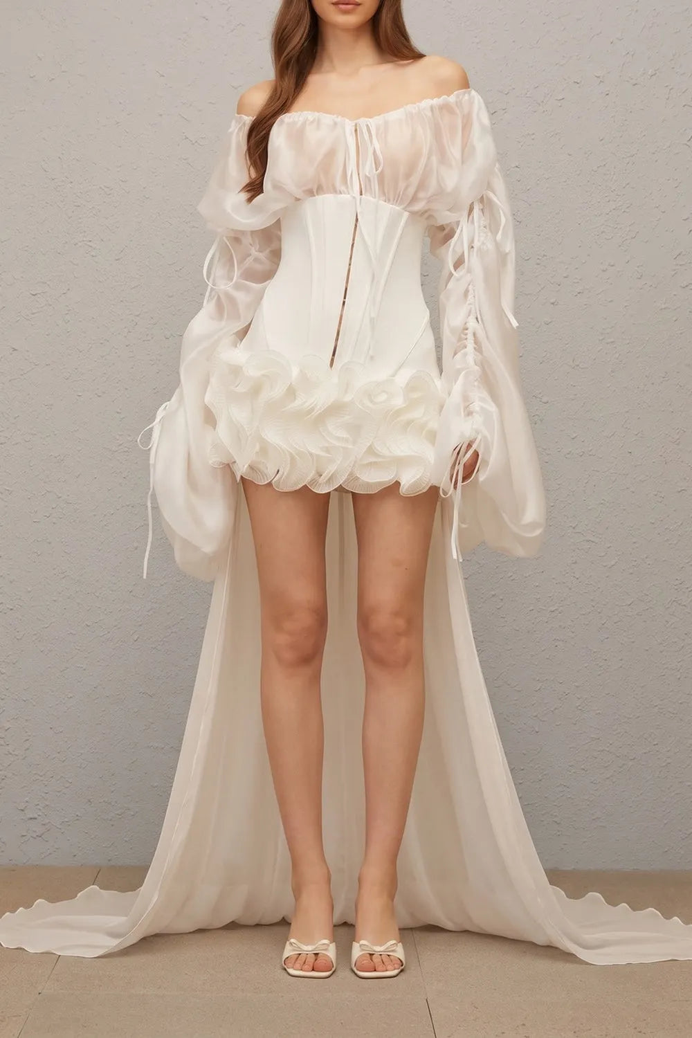 Off Shoulder Sheer Sleeve Corset Ruffle High Low Mini Dress Flowering Girl