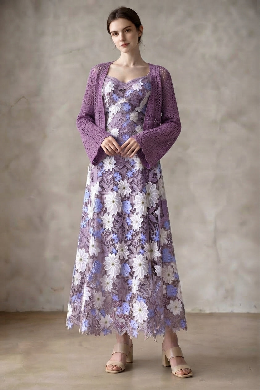 Lavender Purple Embroidered Mesh Overlay Dress with Solid Lining and Matching Knit Shrug Two-Piece Set Flowering Girl