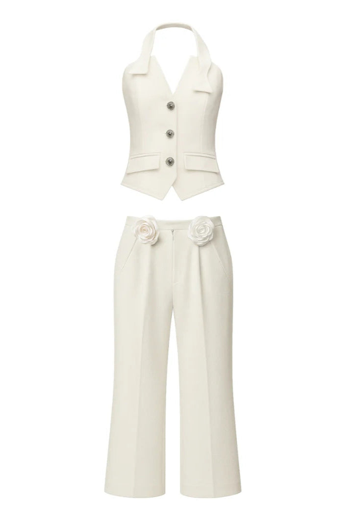 Halter Neck Vest Flower Embellished Pants Suit In Ivory Flowering Girl