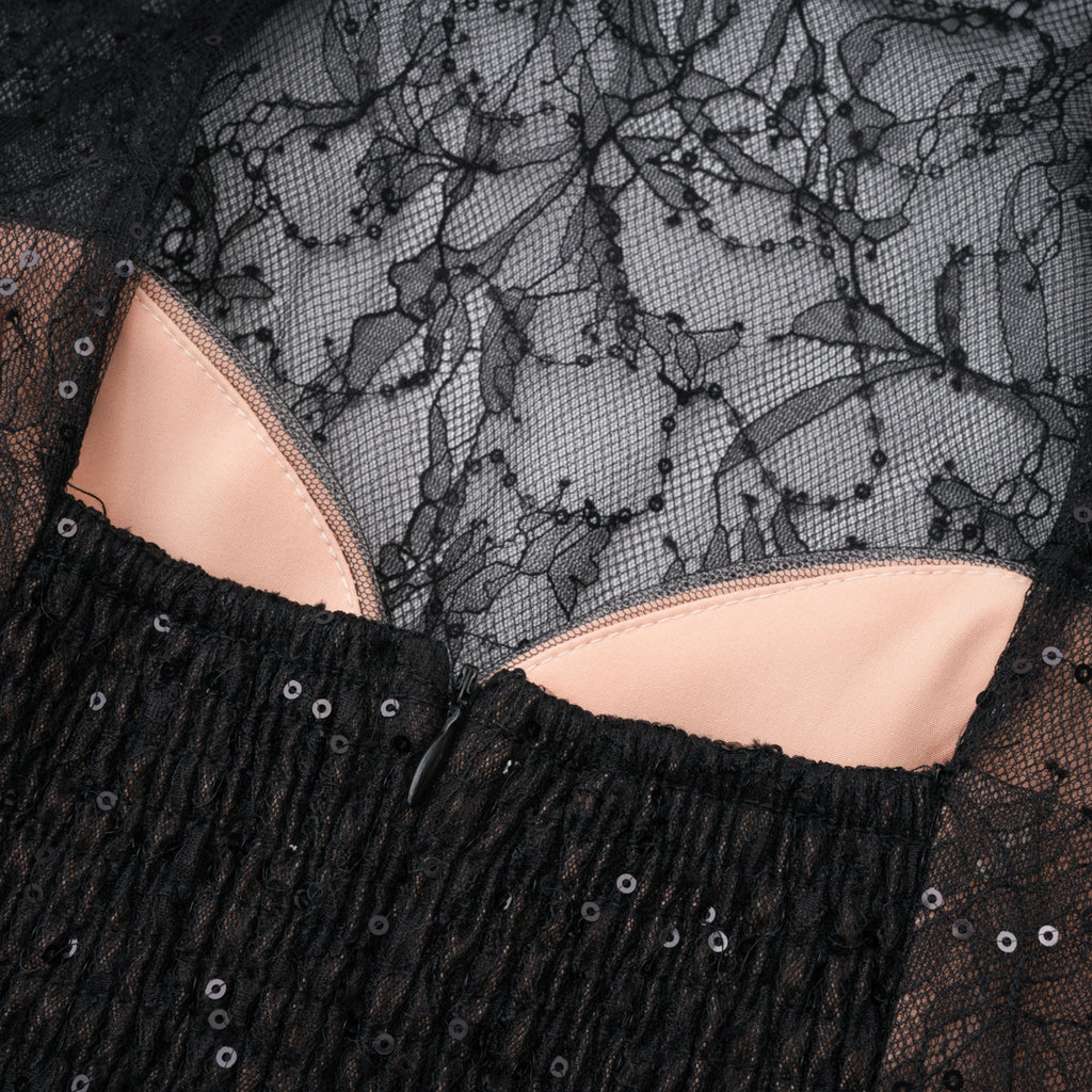 Black Sheer Lace High Neck Long Sleeve Tulle Mini Dress Flowering Girl
