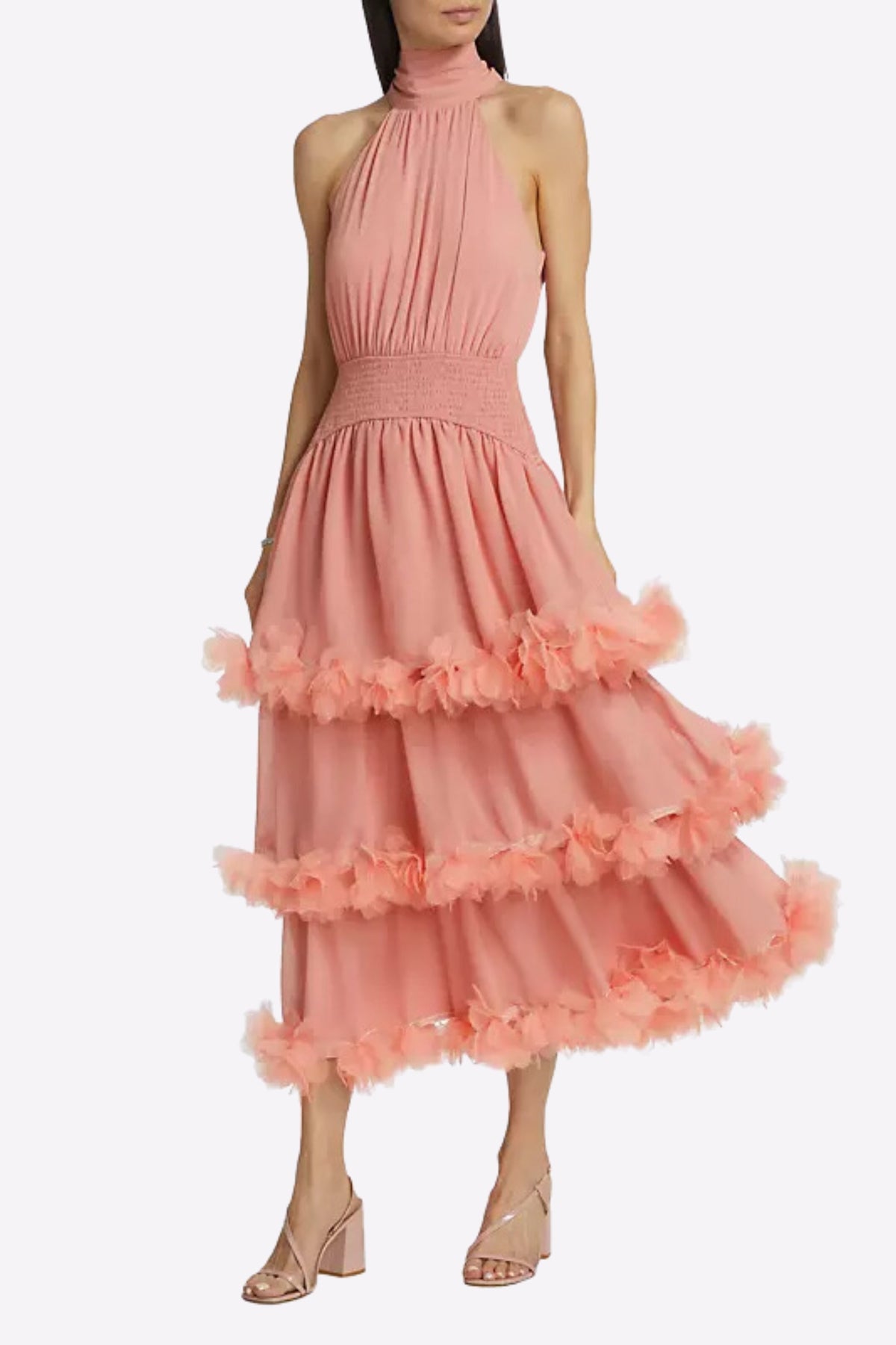 Nereida Tiered Midi Dress In Pale Orange Flowering Girl