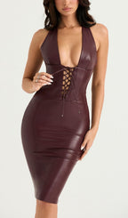 Leather Midi Dress In Wine Flowering Girl