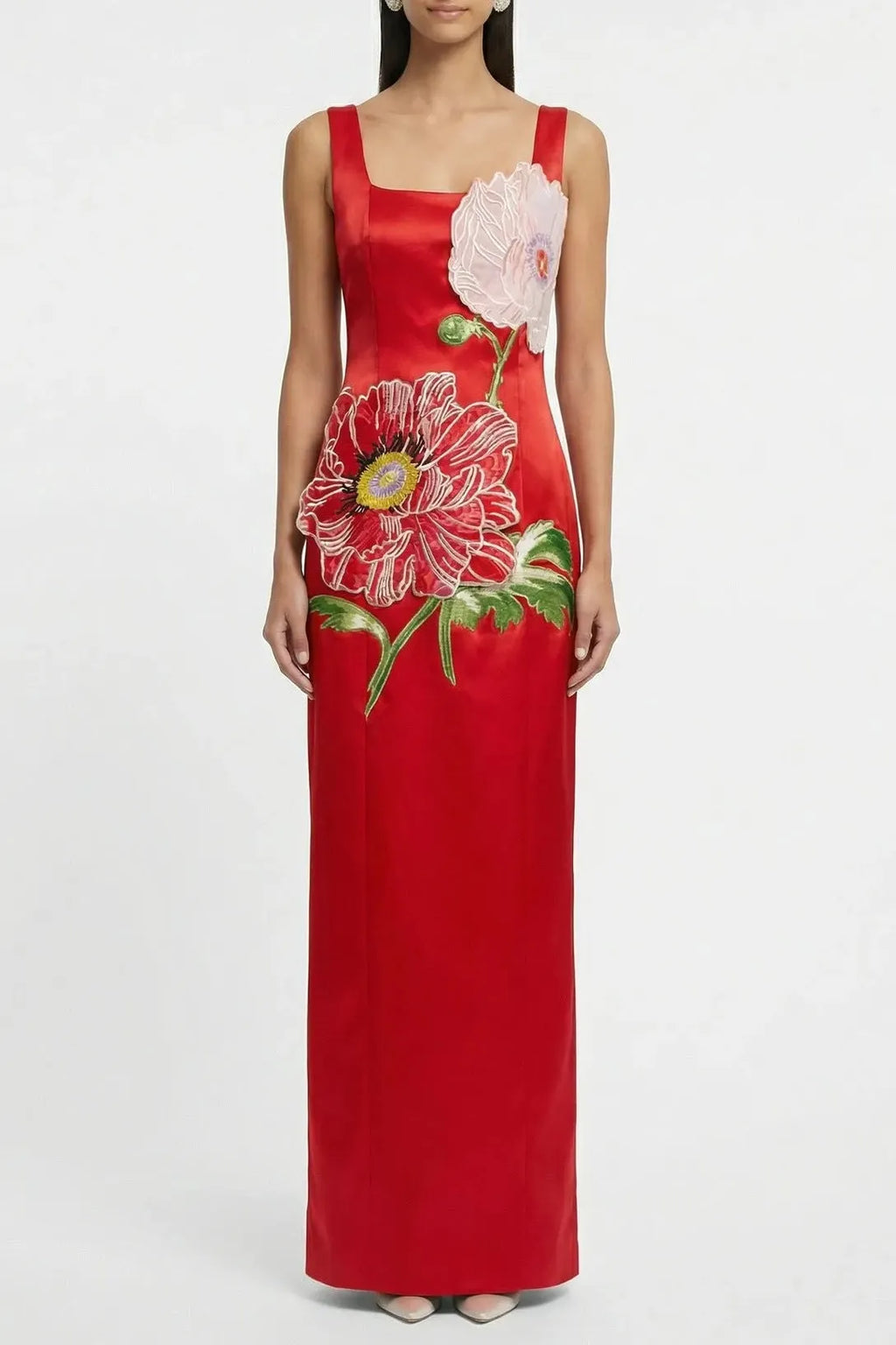 Nicola Square Neck Flower Embroidery Satin Maxi Dress In Red Flowering Girl