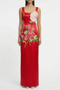 Nicola Square Neck Flower Embroidery Satin Maxi Dress In Red Flowering Girl