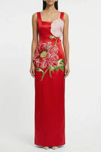 Nicola Square Neck Flower Embroidery Satin Maxi Dress In Red Flowering Girl