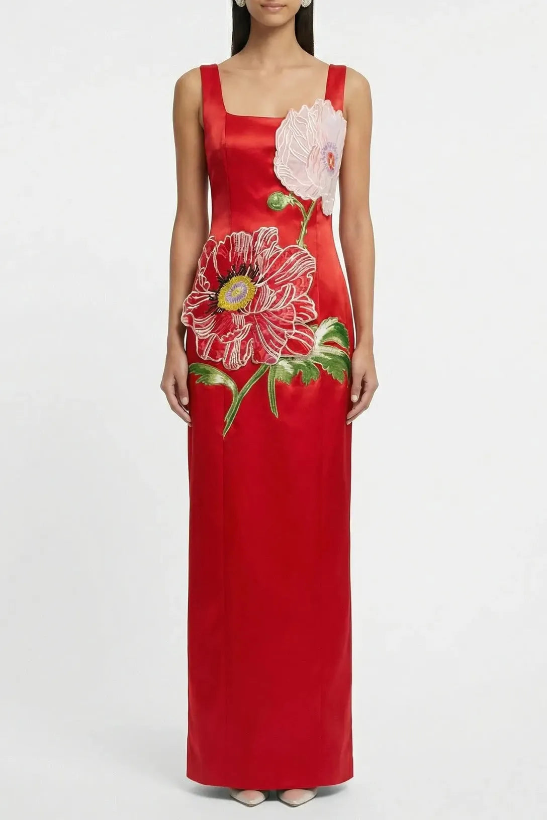Nicola Square Neck Flower Embroidery Satin Maxi Dress In Red Flowering Girl