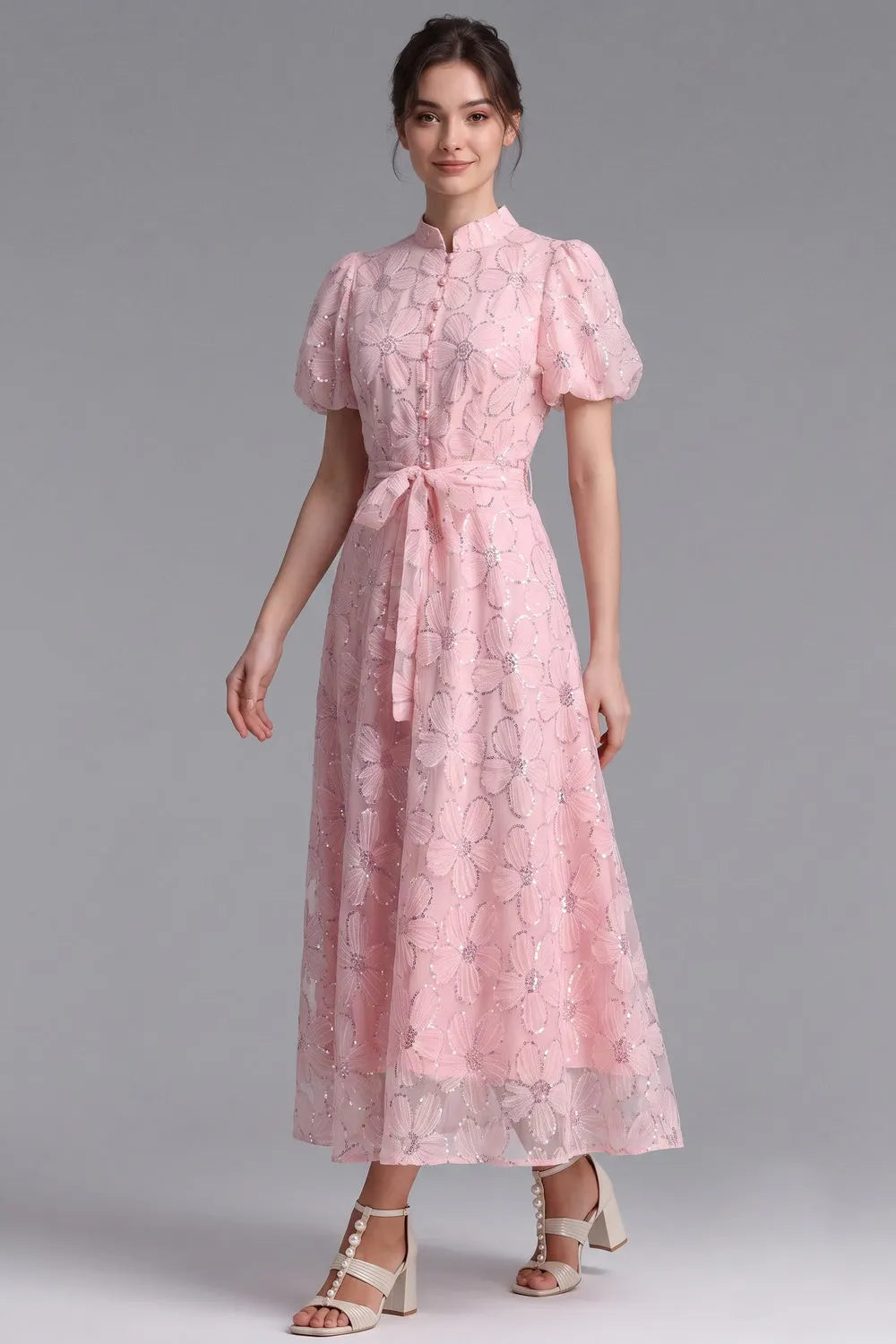 Light Pink Sheer Organza A-Line Midi Dress with Floral Applique Flowering Girl