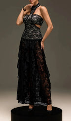 Gavelyn Halterneck Cutout Lace Maxi Dress In Black Flowering Girl