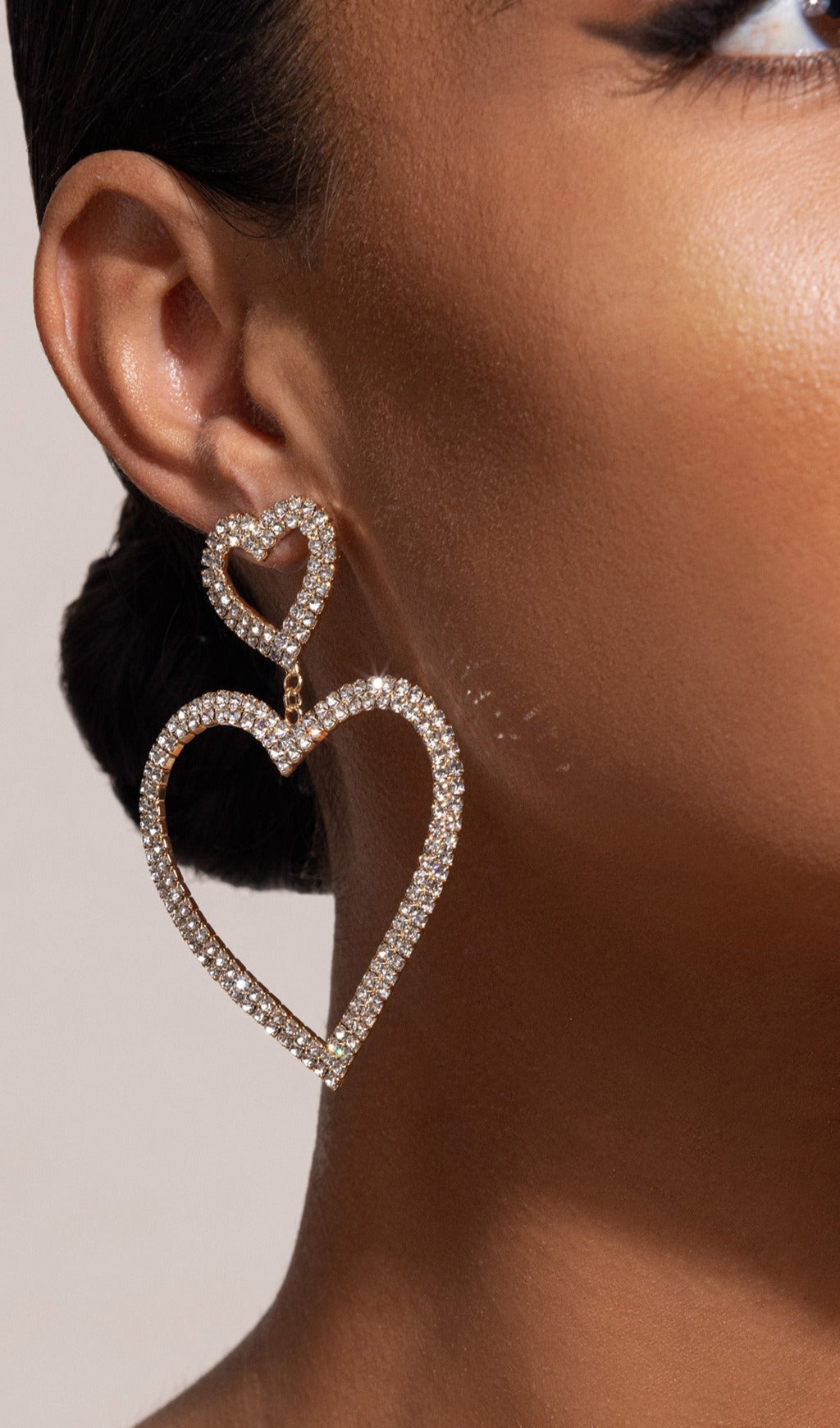 Silver Diamante Heart Shape Drop Earrings Flowering Girl