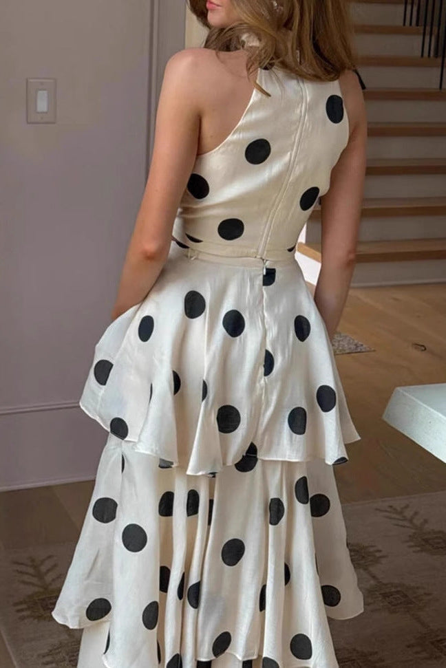 Polka Dot Print Halterneck Sleeveless Top Skirt Set Flowering Girl