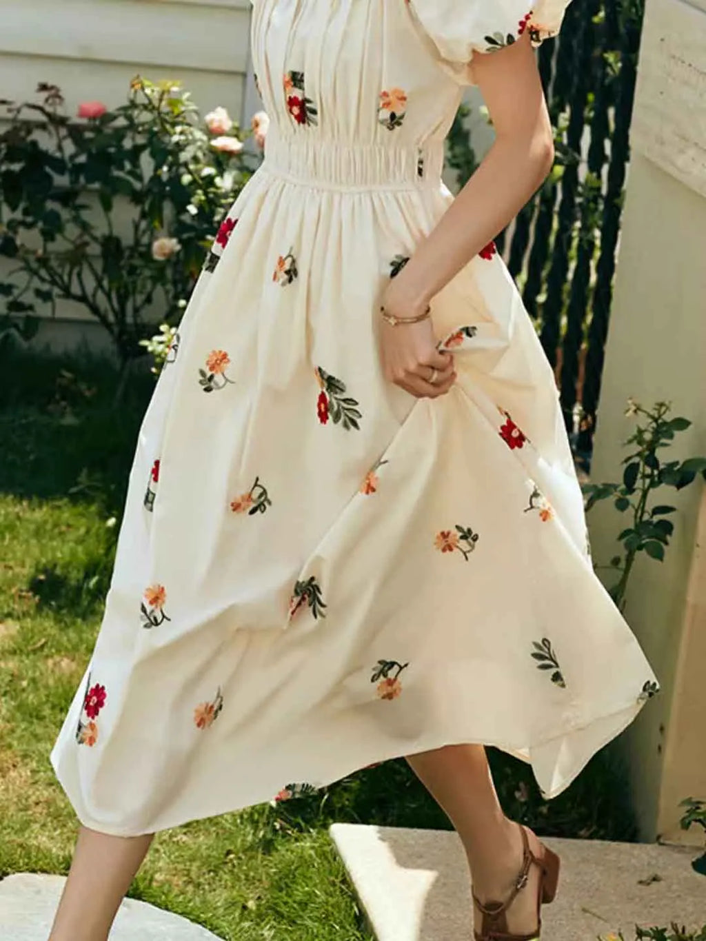 Rosalind Retro Embroidered Puff Sleeve Dress Flowering Girl