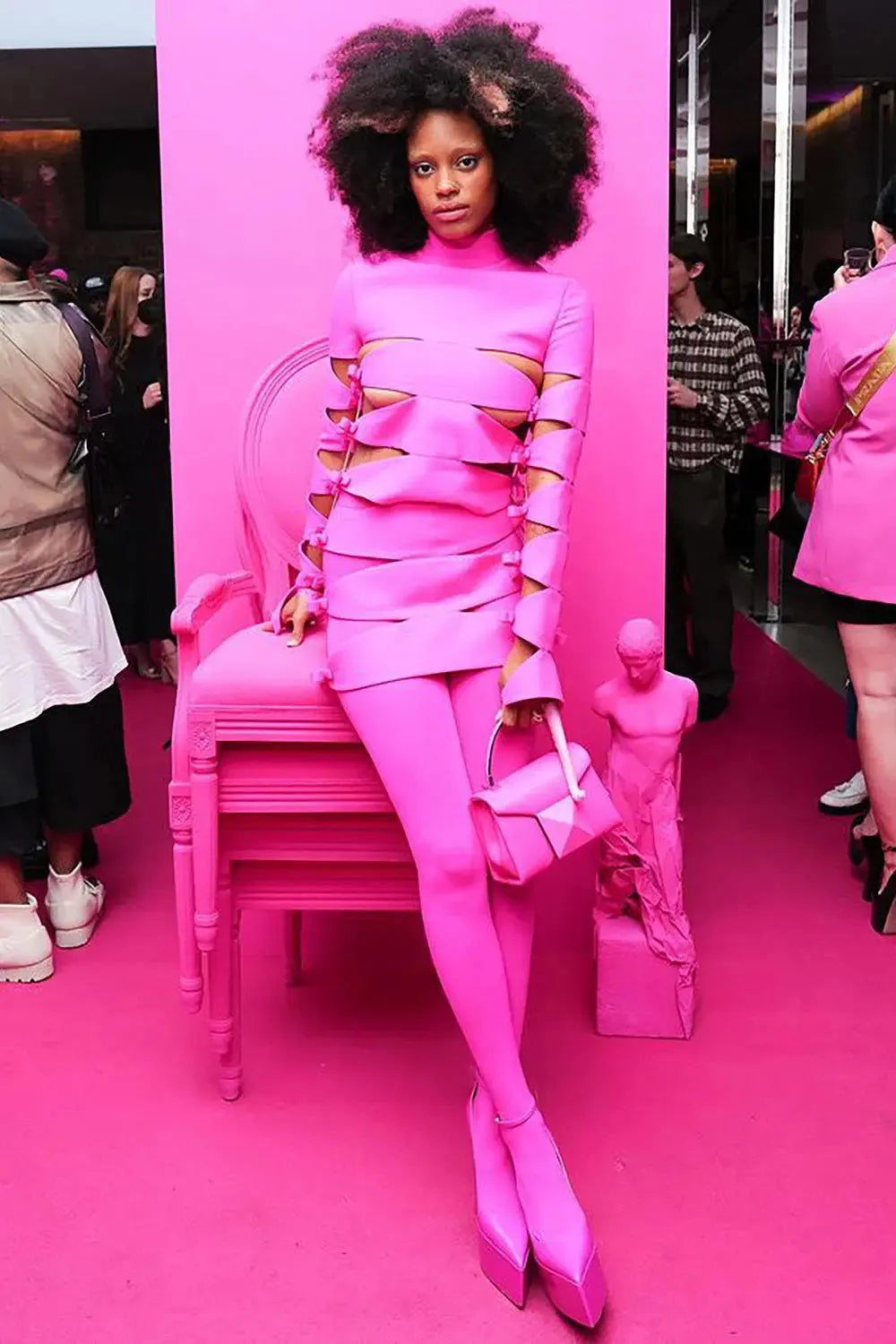 Long Sleeve Hollow Out Mini Bandage Dress In Pink Flowering Girl
