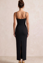 Black Heavy Crepe Column Dress with 3D Metallic Gold Flowers Flowering Girl