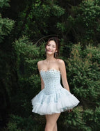 Irene Floral Print Strapless Tulle Mini Dress In Blue Flowering Girl