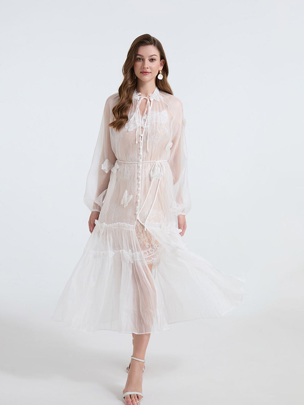 See-Through Blouse Maxi Dress With Lace Skirt In White Flowering Girl