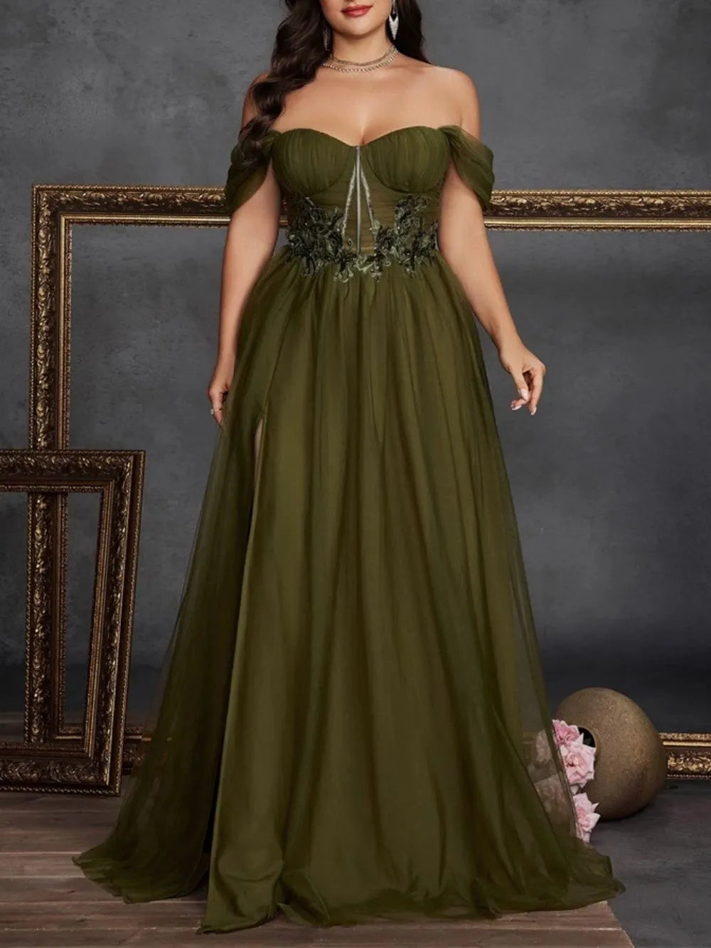 Marella Green Off Shoulder Plus Size Maxi Dress Flowering Girl