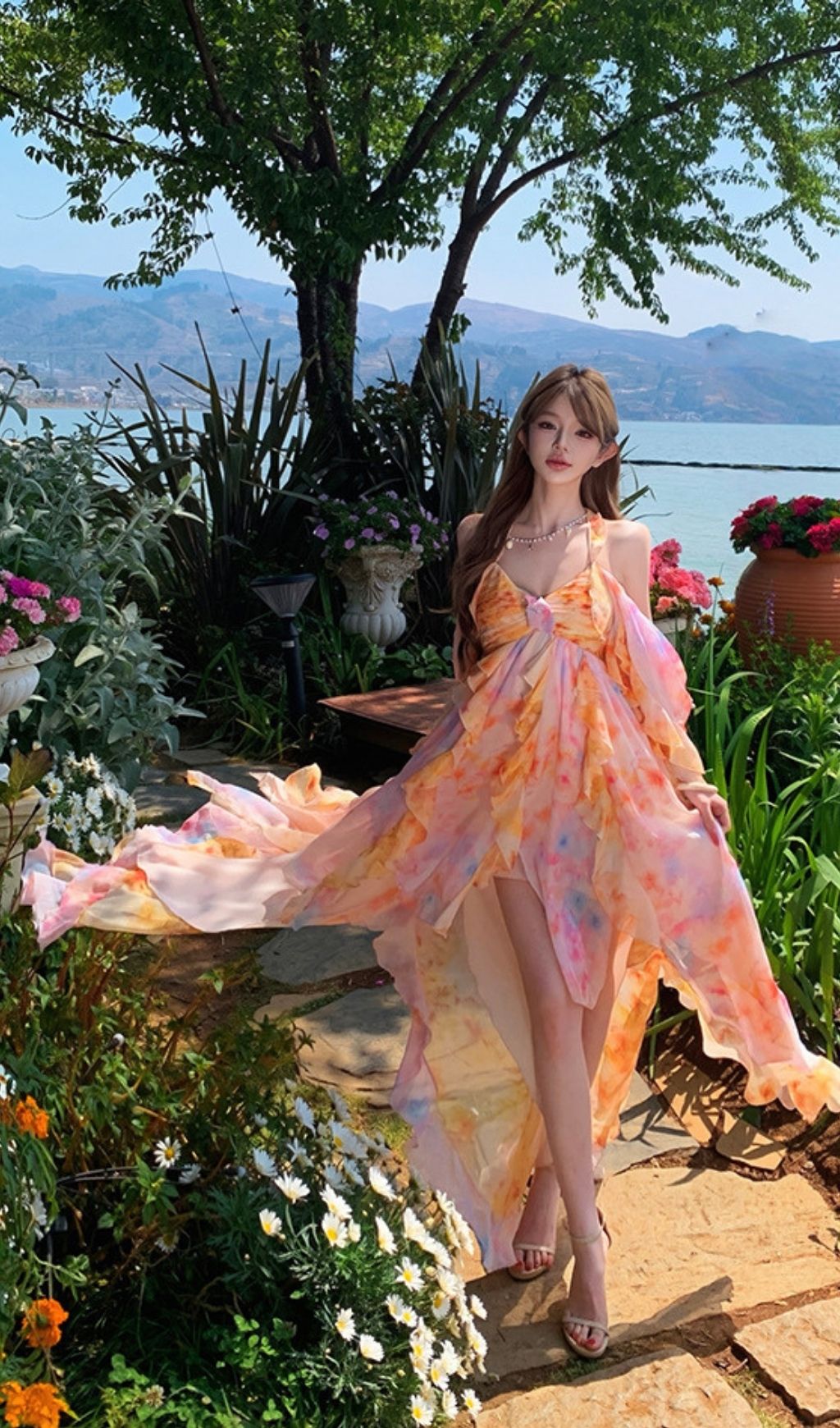 Komali Printed Butterfly Ruffle Maxi Dress Flowering Girl