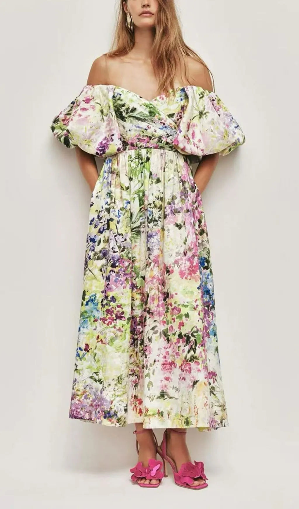 Madonna Puff-Sleeve Printed Maxi Dress Flowering Girl