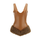 Ashley V-Neck Leather Fur Trim Mini Dress In Brown Flowering Girl