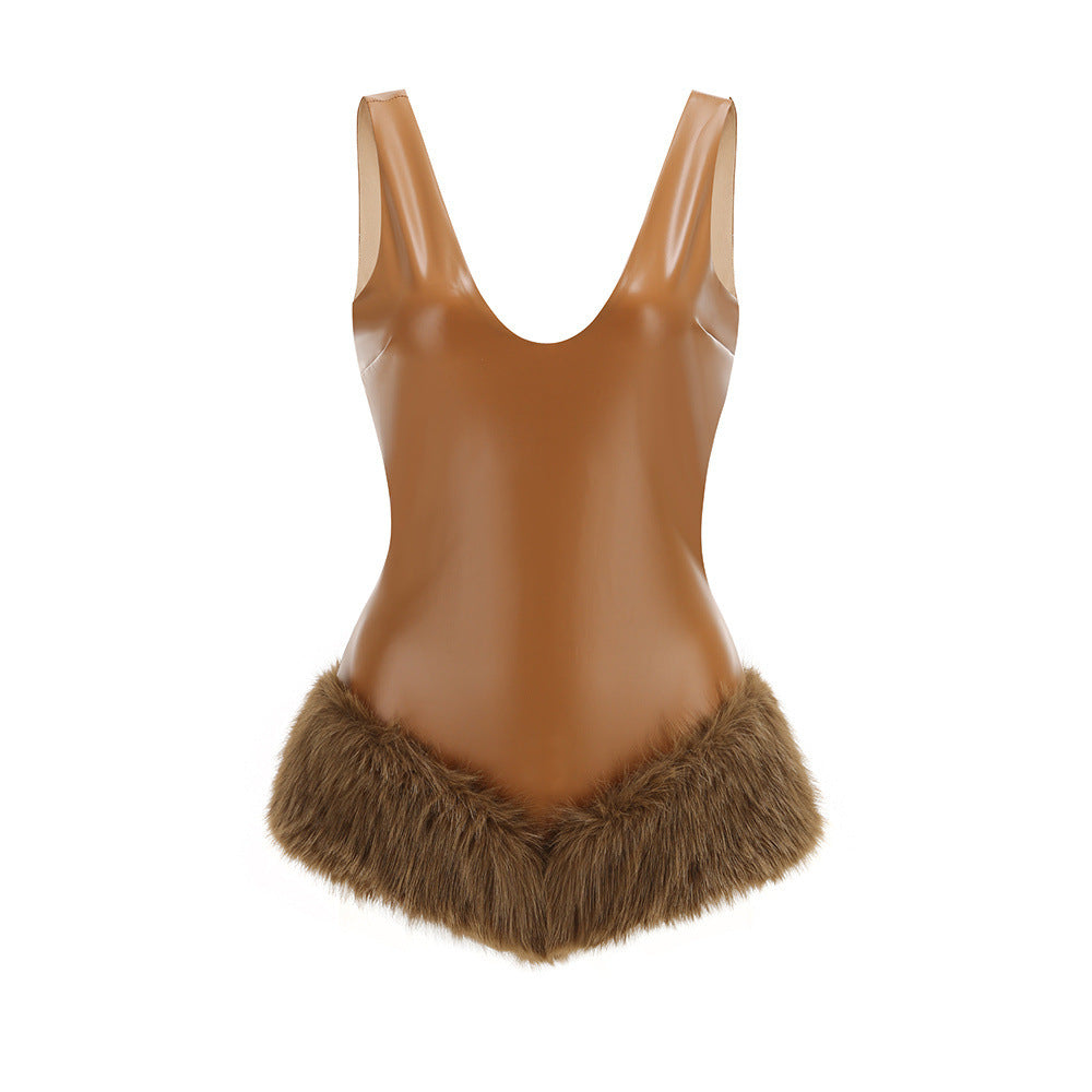 Ashley V-Neck Leather Fur Trim Mini Dress In Brown Flowering Girl