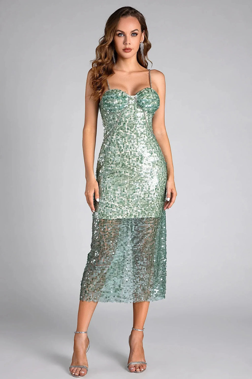 Primili Rhinestone Strap Sequin Midi Dress Flowering Girl