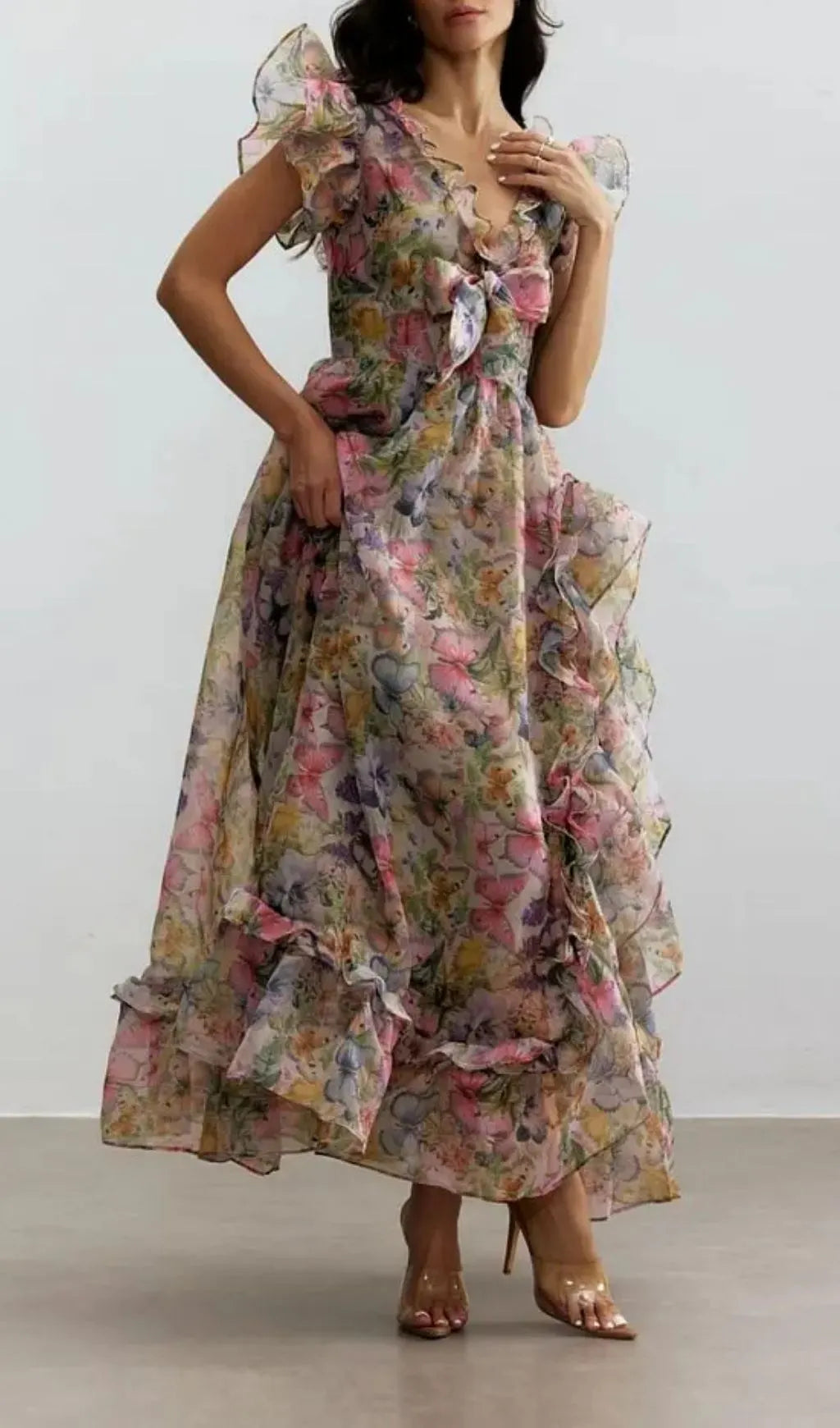 Butterfly Print Ruffle Chiffon Maxi Dress Flowering Girl