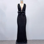 Rebecca Bow Sequin Embellished v Neck Maxi Dress In Black Flowering Girl