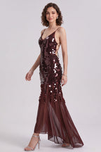Burgundy Sequined Mesh Sheath with Flared Sheer Lower Skirt Evening Dress Flowering Girl