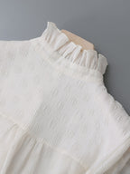 Ruffled Stand Collar Pearl Button Lantern Long Sleeve Textured Blouse Flowering Girl