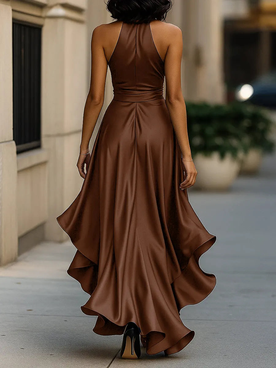 Midnight Elegance Satin Halter Ruffle Gown Flowering Girl