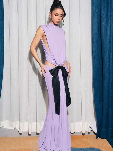 bernice Bow Patch Cut Backless Maxi Dress in purple Flowering Girl