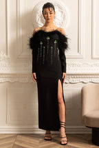 Lara Sequin High Slit Feather Adorned Maxi Dress - Black Flowering Girl