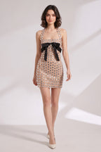 Nude Mesh Sheath Dress with Silver Metallic Tiles and Black Bow Flowering Girl
