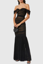 Cadhla Off Shoulder Ruched Mesh Maxi Dress Flowering Girl