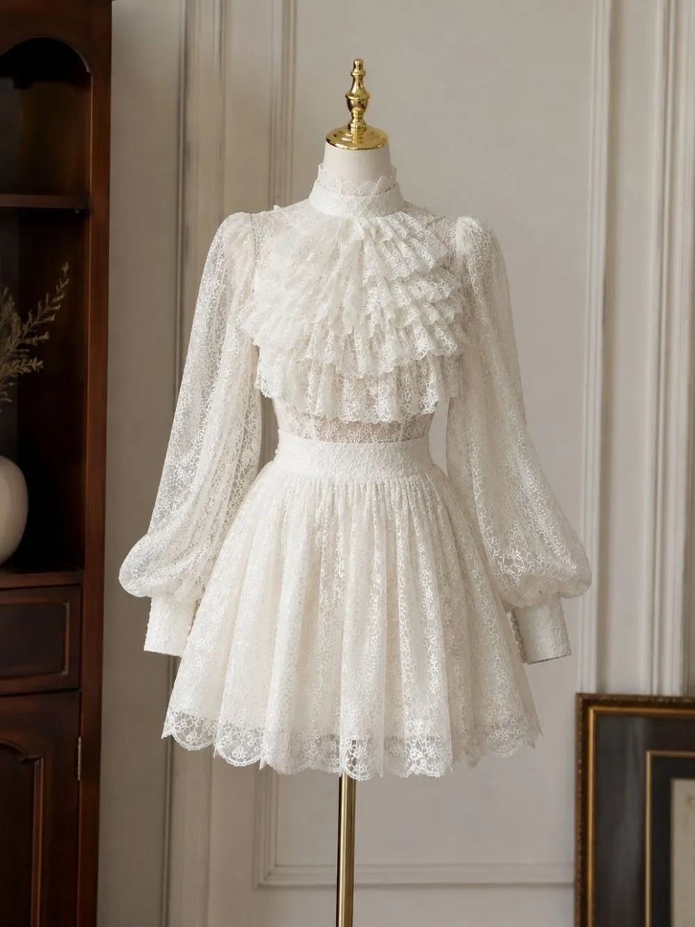 Maxine White Lace Lantern Sleeve Mini Dress Flowering Girl
