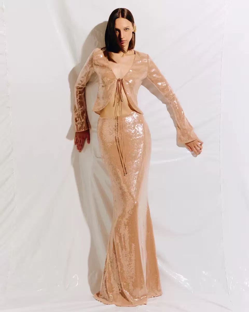 Aubelin Sequin Two Piece Set - Nude Flowering Girl