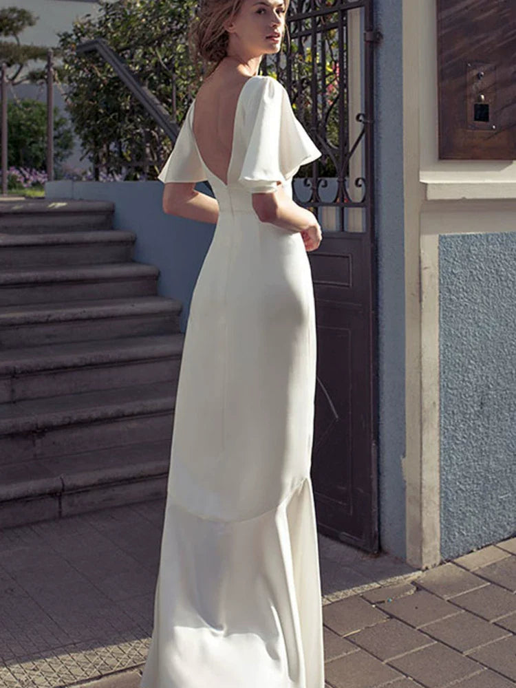 White Irregular V-Neck Backless Flared Sleeves Satin Dress Flowering Girl