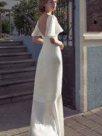 White Irregular V-Neck Backless Flared Sleeves Satin Dress Flowering Girl