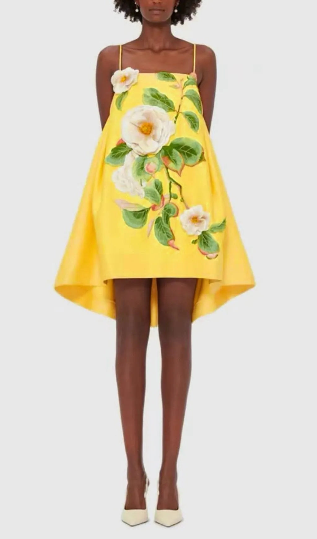 Fina Yellow Flower Embroidery Mini Dress Flowering Girl