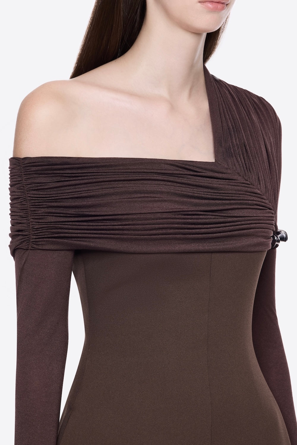 Sibyl Asymmetric Off-Shoulder Draping Slit Maxi Dress In Brown Flowering Girl