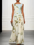Floral Print Ruched Sleeveless A-Line Maxi Dress Flowering Girl