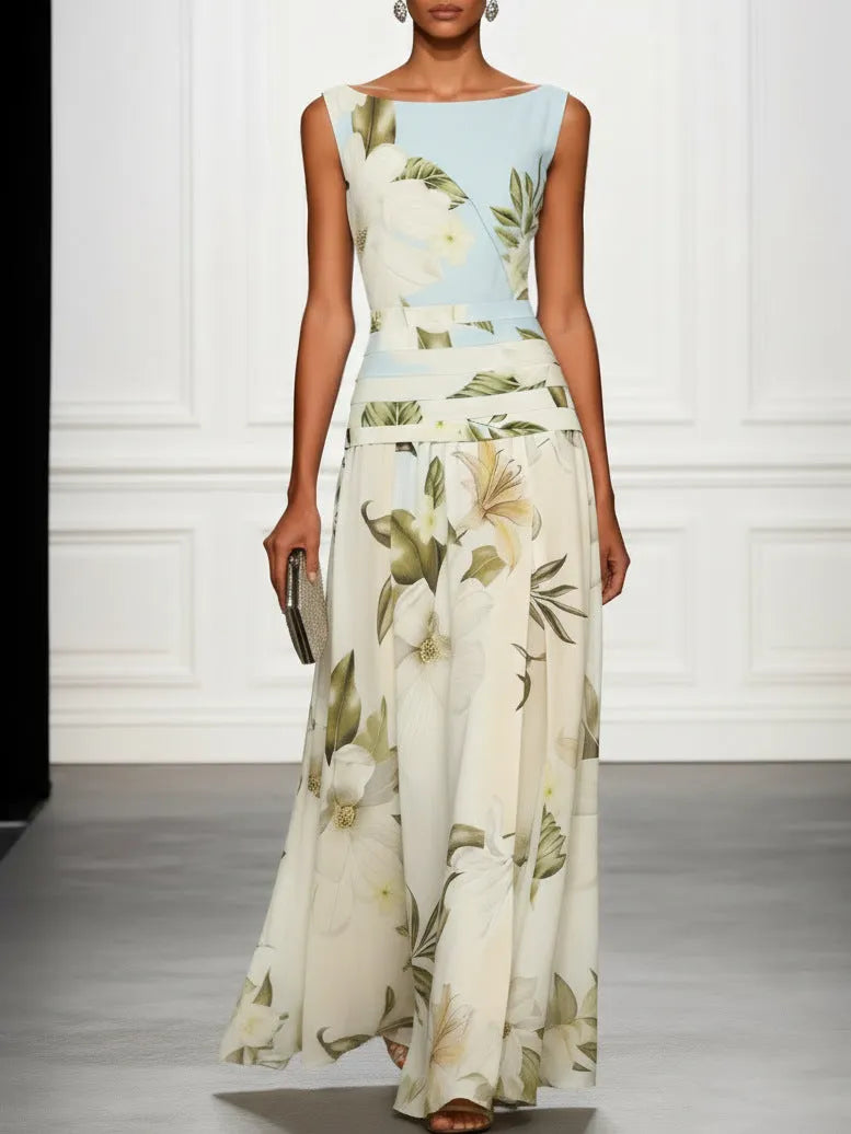 Floral Print Ruched Sleeveless A-Line Maxi Dress Flowering Girl