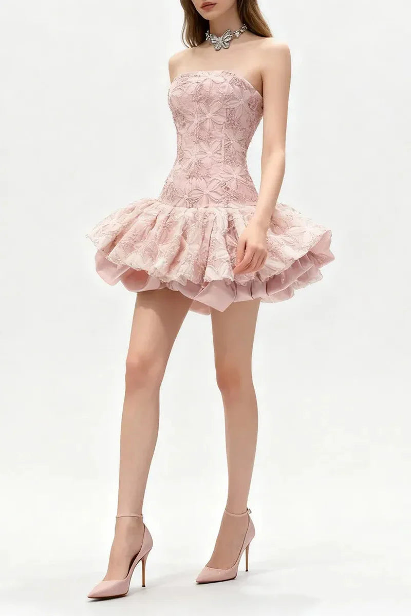 Katherine Embroidered Lace Ruffle Mini Dress In Pink Flowering Girl