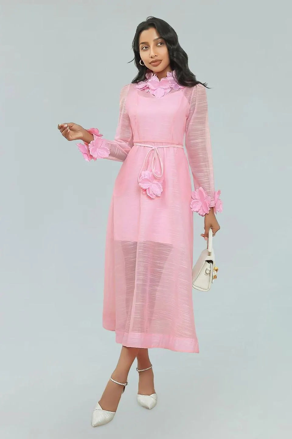 vicky flower embellished lace midi dress in pink Flowering Girl