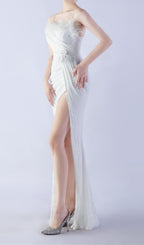 Chroma White Sequin Flower Feather Maxi Dress Flowering Girl