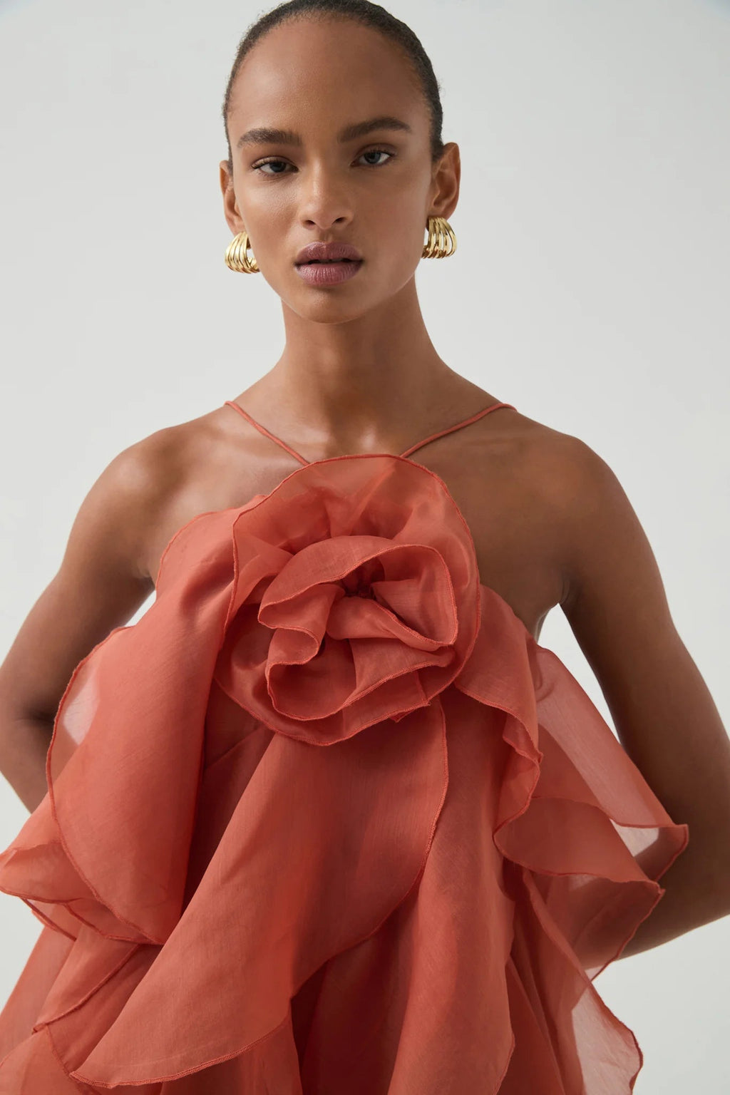 Off-Shoulder Ruffle Layered Maxi Dress In Coral Clay Flowering Girl